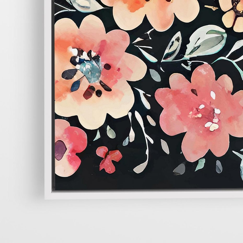 Obraz w ramie 50x50 - Labirynty melancholii - akwarelowe, pastelowe kwiaty na czarnym tle - rama biała