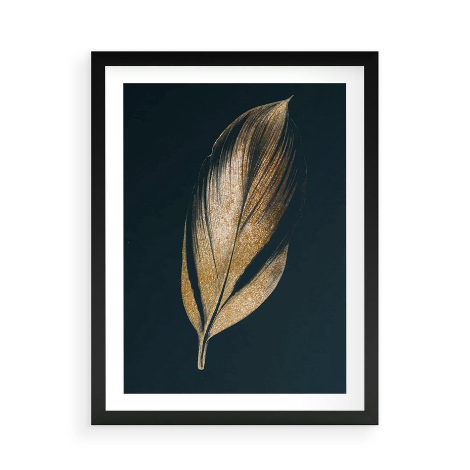 Plakat w ramie 50x70 - Mroczne Złoto - nowoczesna grafika, złoty liść na czarnym tle - rama czarna