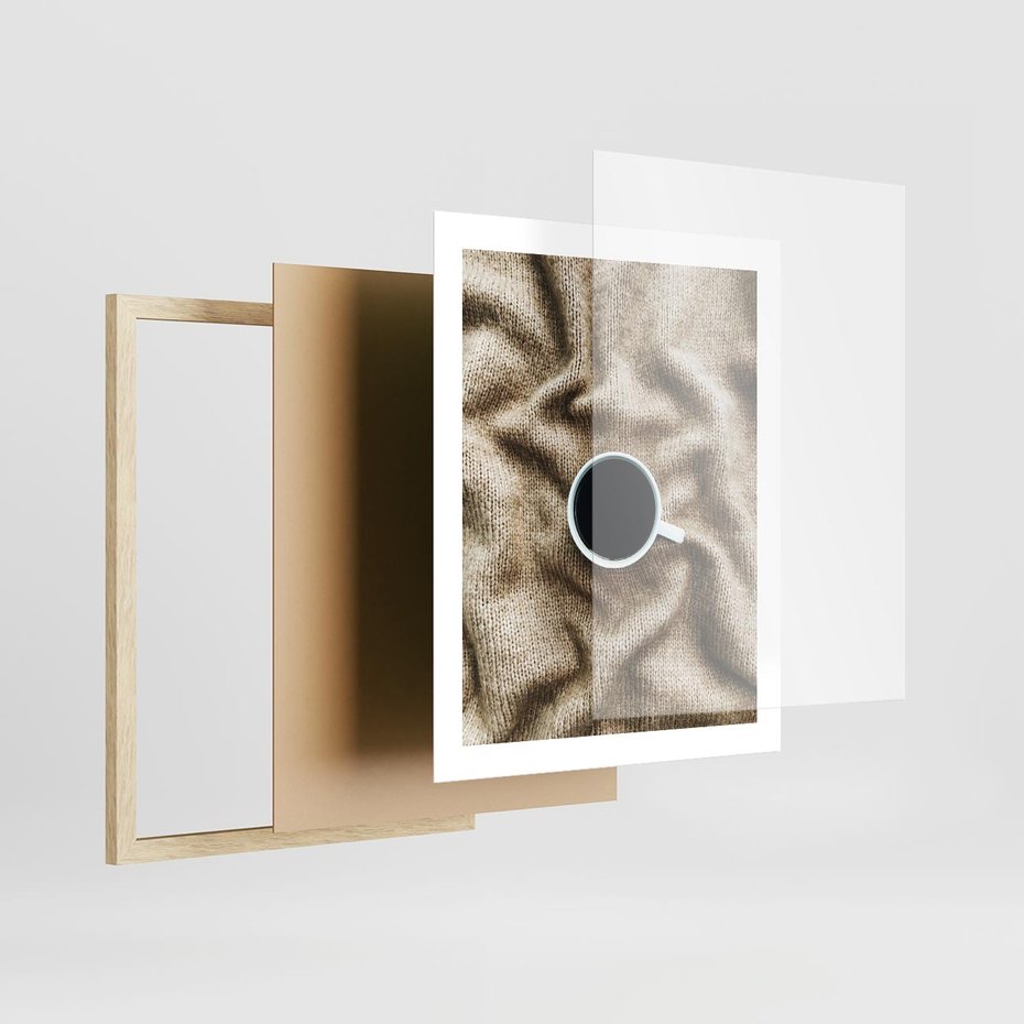 Plakat w ramie 40x50 - Filiżanka Kawy na Brązowym Kocu - kawa, czarna kawa - rama drewno