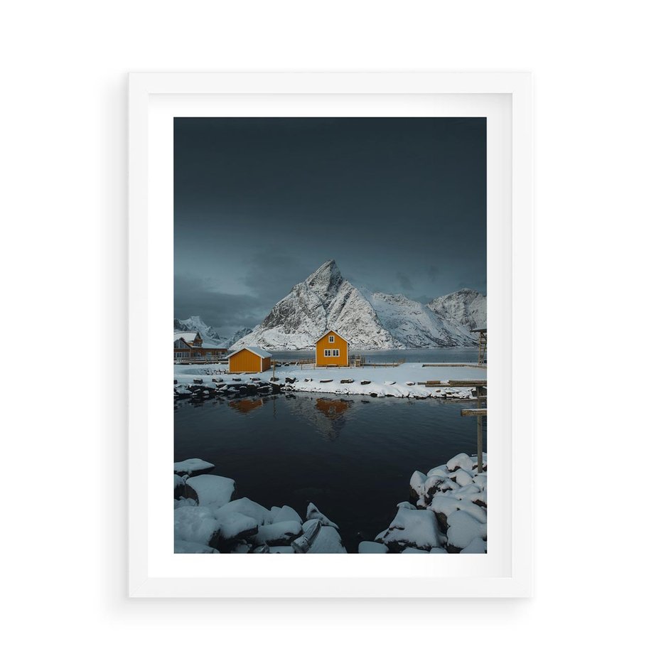 Plakat w ramie 50x70 - Minimalizm i Urok Natury - skandynawskie, domki - rama biała