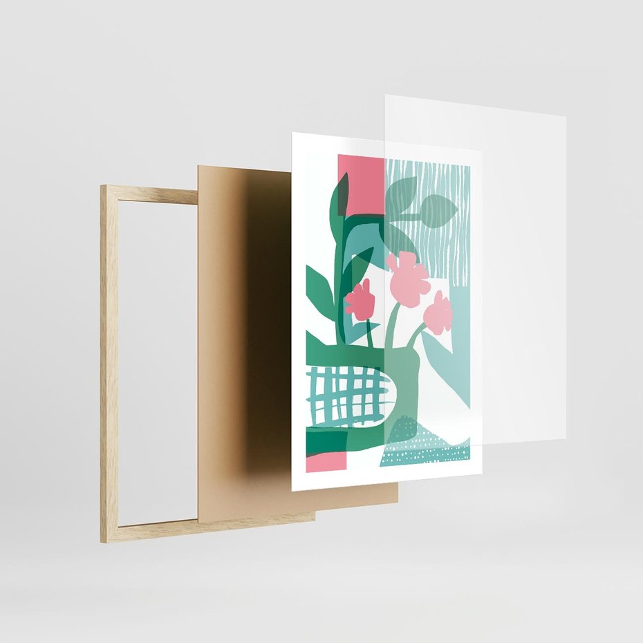 Plakat w ramie 50x70 - Harmonijne Plamy - abstrakcyjne pastelowe kwiaty, nowoczesna sztuka - rama drewno