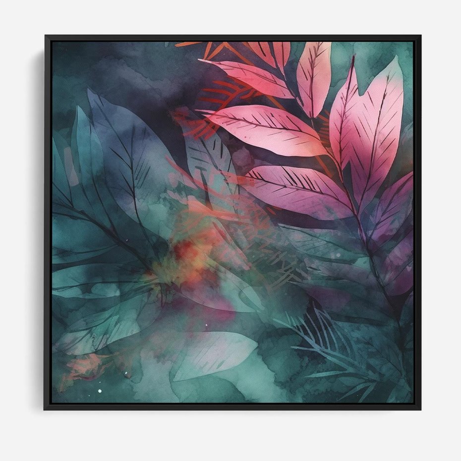 Obraz w ramie 50x50 - Subtelne Zielone - pastelowe zielone liście, róż - rama czarna