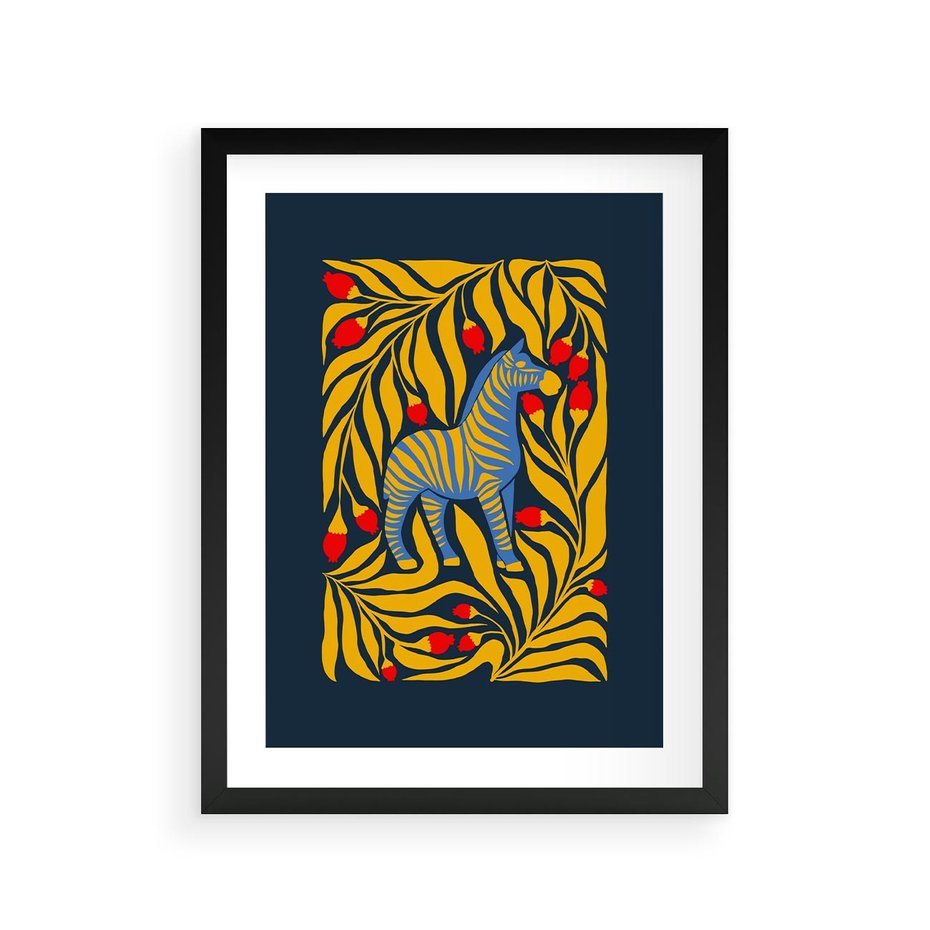 Plakat w ramie 30x40 - Wibracje Wyobraźni - zebra, granatowe tłó - rama czarna