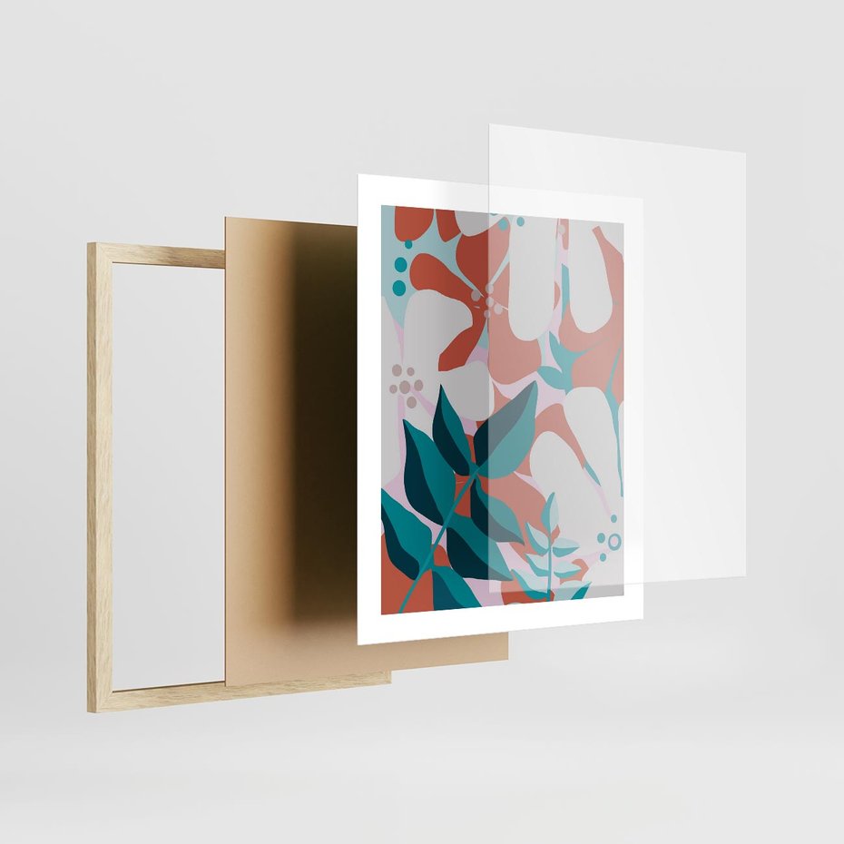 Plakat w ramie 40x50 - Harmonijne Formy - abstrakcyjna kompozycja kwiatowych form, kolor zgaszone - rama drewno