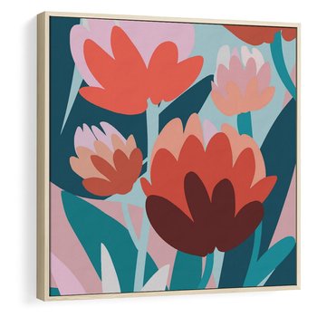 Obraz w ramie 50x50 - Symfonia Kwiatów - abstrakcyjna kompozycja kwiatowych form, kolor zgaszone - rama drewno