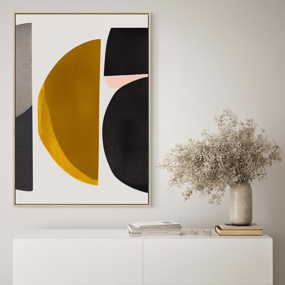 Obraz w ramie 70x100 - Tajemnice sztuki odkryte - geometryczne półkola, kształty - rama drewno