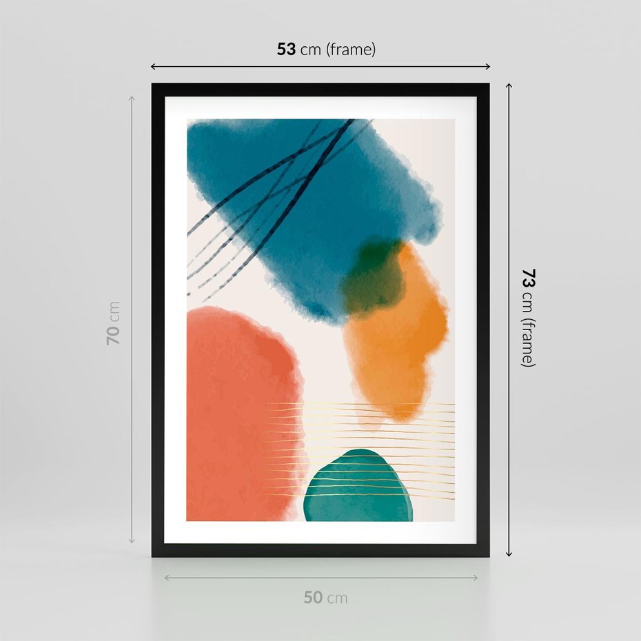 Plakat w ramie 50x70 - Migotliwe Pochwycenia - abstrakcyjne kolorowe plamy, akwarela - rama czarna