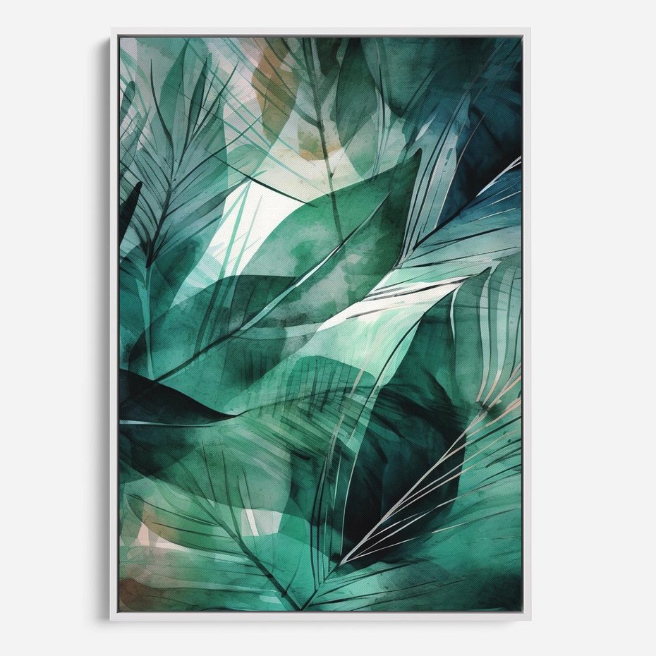 Obraz w ramie 80x120 - Zieleń Tropików - tropikalne zielone liście palmy, monstera - rama biała