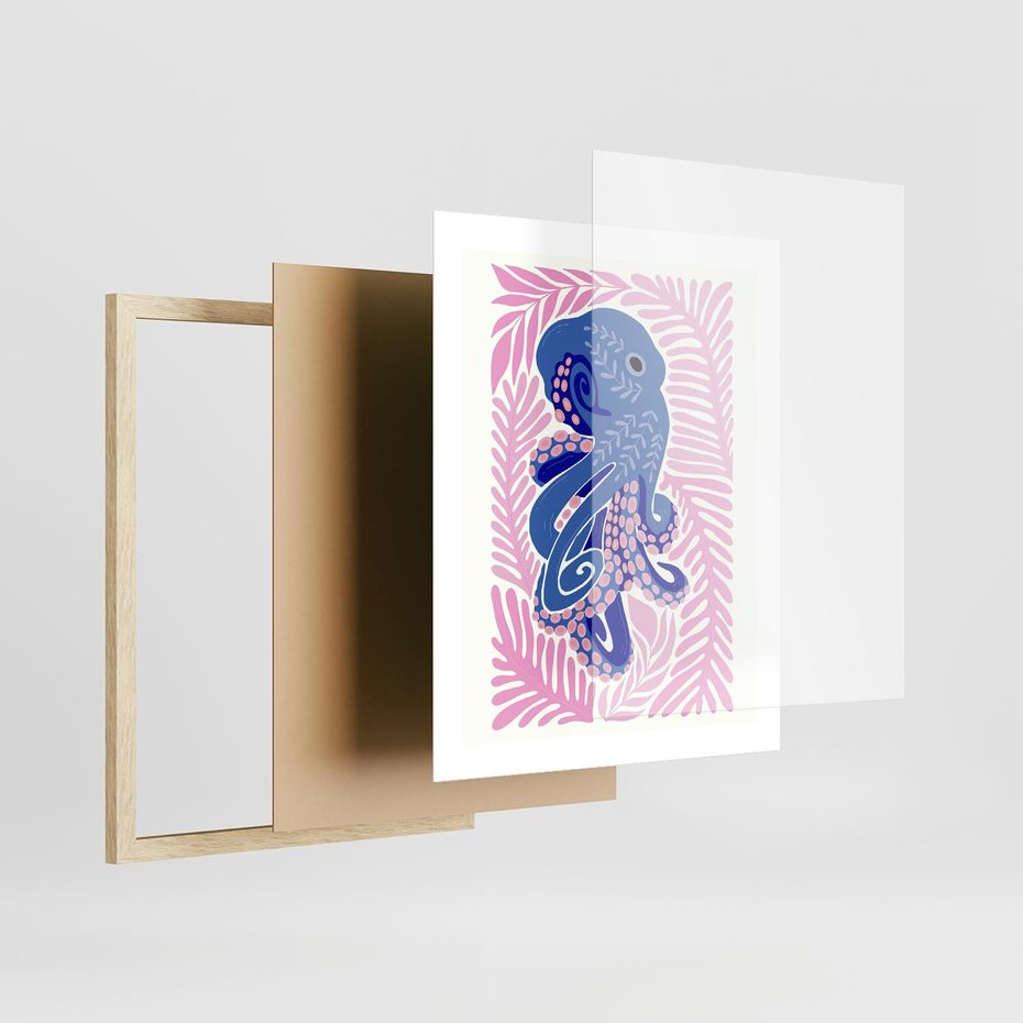 Plakat w ramie 40x50 - Rozkwitające marzenia - abstrakcyjna kompozycja, niebieska ośmiornica wśród różowej roślinnośći - rama drewno