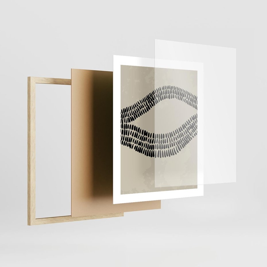 Plakat w ramie 40x50 - Kontury Ewolucji Materii - boho plakat, czarne kropki kreski - rama drewno