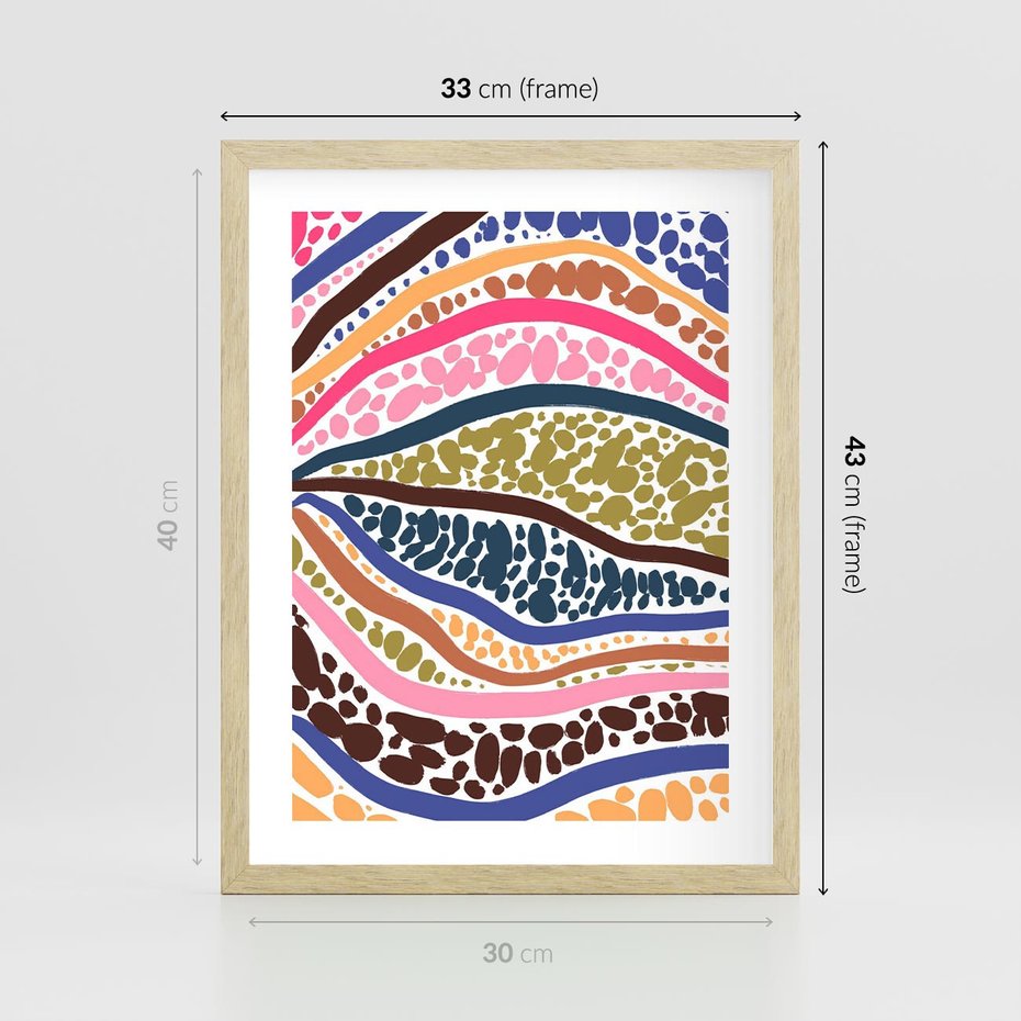 Plakat w ramie 30x40 - Wibracje Plam - kolorowe wzory, tęczowe żywe kolory - rama drewno