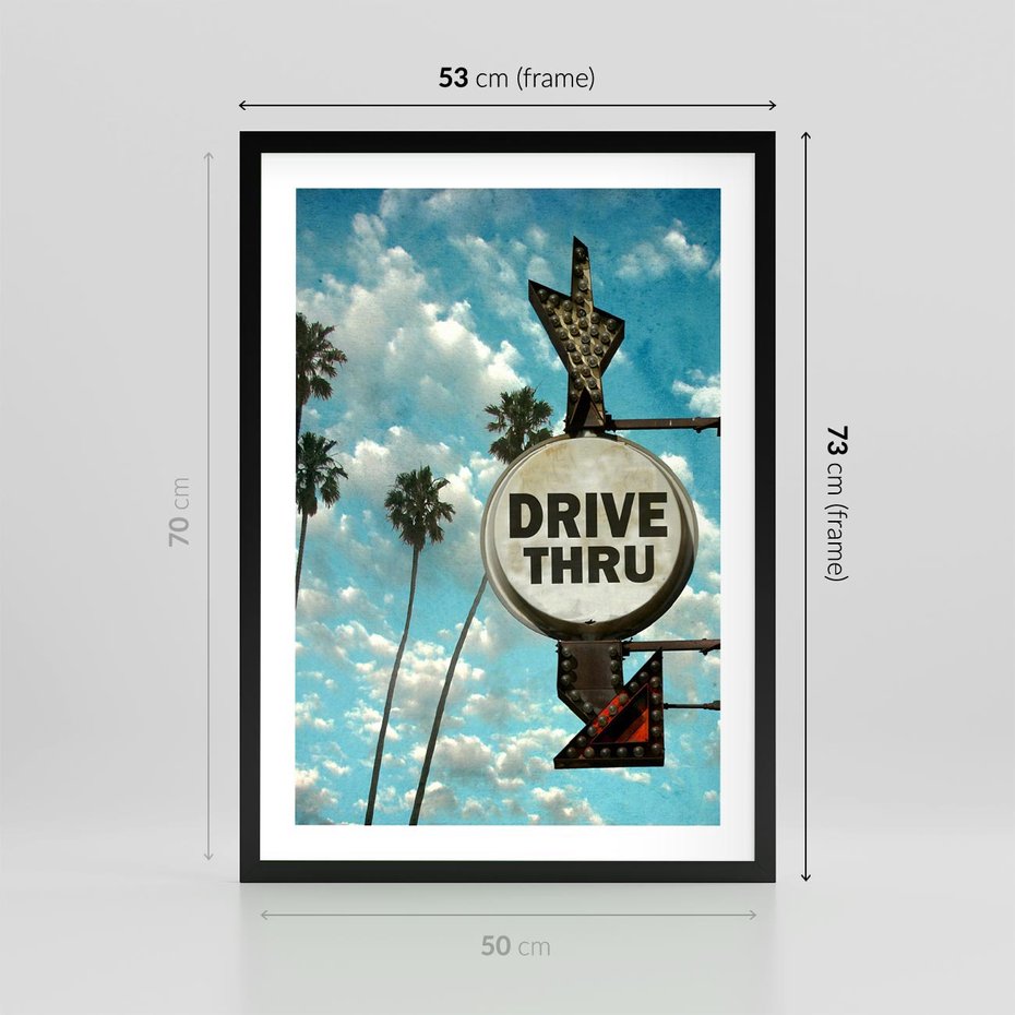 Plakat w ramie 50x70 - Znaki Palm: Relaksująca Oaza - znak, palmy - rama czarna