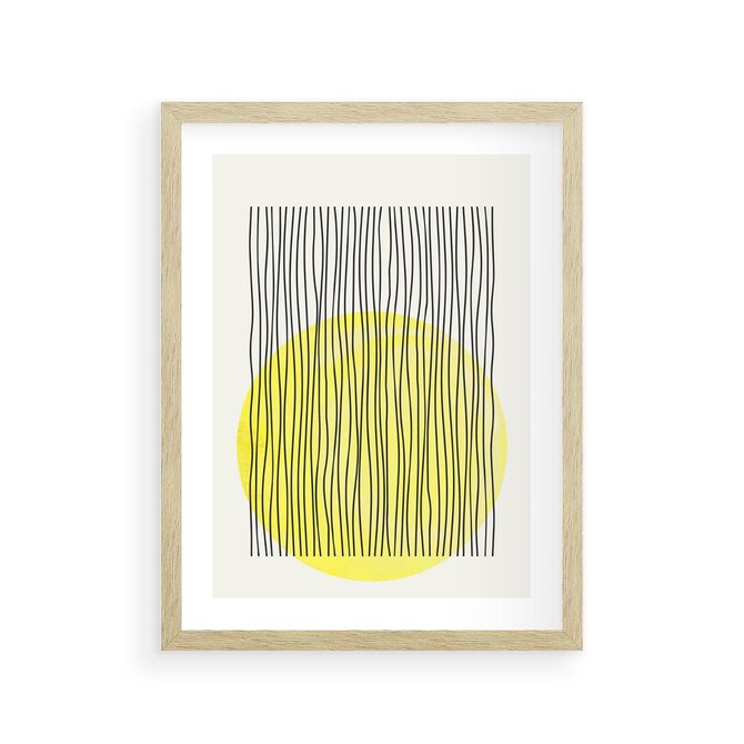 Plakat w ramie 30x40 - Ciepłe Przenikanie - geometria, żółte koło - rama drewno