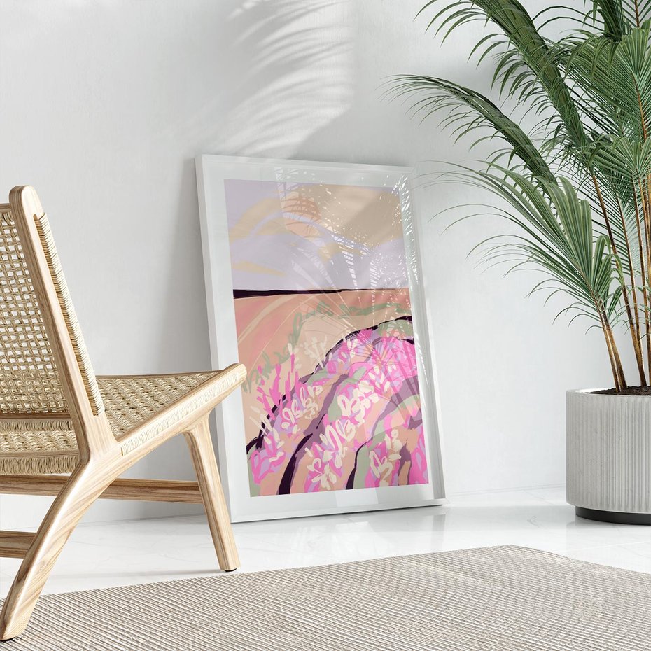 Plakat w ramie 30x40 - Harmonijny Świt - pastelowy krajobraz, nowoczesny plakat - rama biała