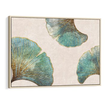 Obraz w ramie 120x80 - Złota Melodia Liści - złote, turkusowe liście miłorzębu - rama drewno
