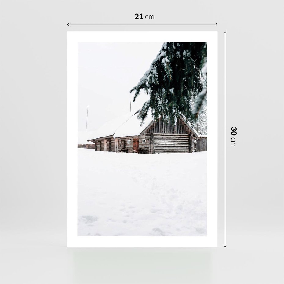 Plakat bez ramy 21x30 - Zimowy Azyl - domek w górach, śnieg