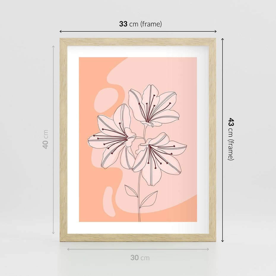 Plakat w ramie 30x40 - Kwiatowa Harmonia - minimalistyczny plakat, pudrowe kwiaty - rama drewno
