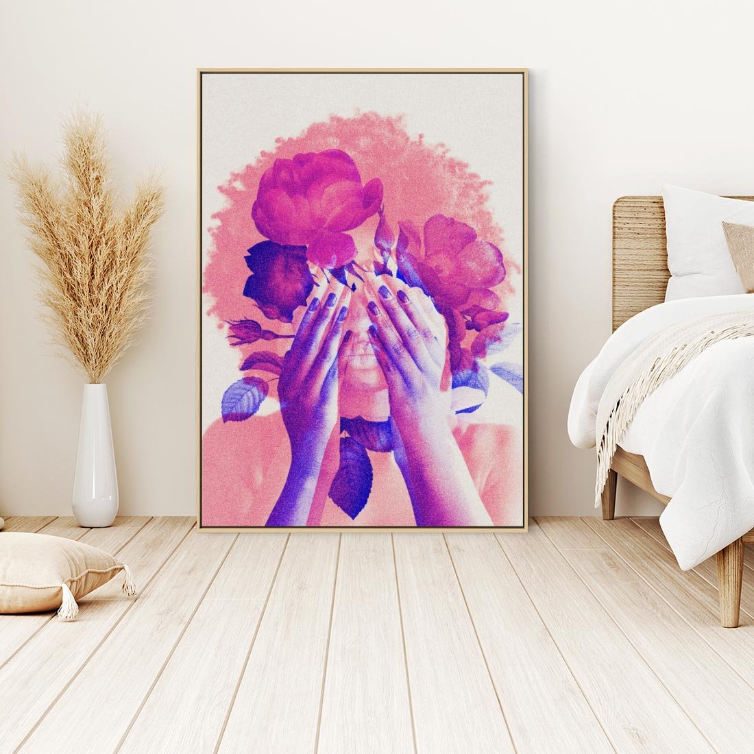 Obraz w ramie 80x120 - Kwiaty we Włosach - różowa postać, grafika - rama drewno