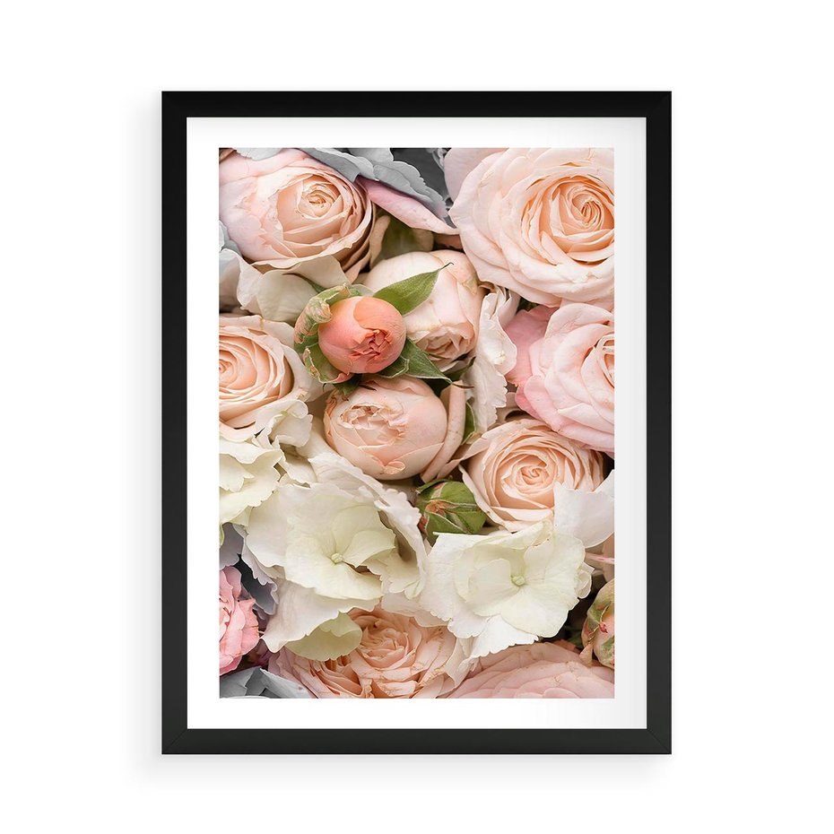 Plakat w ramie 50x70 - Kwiatowy Rarytas: Róże w Herbacianym Zbliżeniu - kwiaty, herbaciane - rama czarna