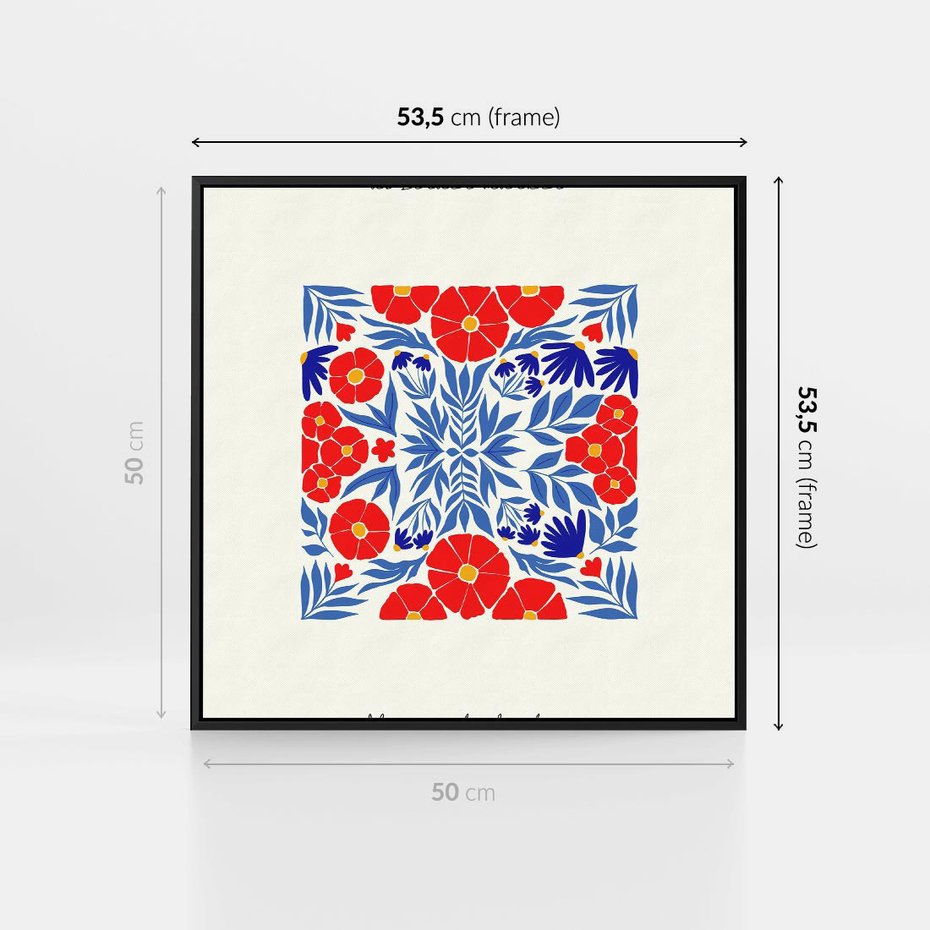 Obraz w ramie 50x50 - Tajemnicza Droga - nowoczesna kwiatowa kompozycja, czerwony i niebieski - rama czarna