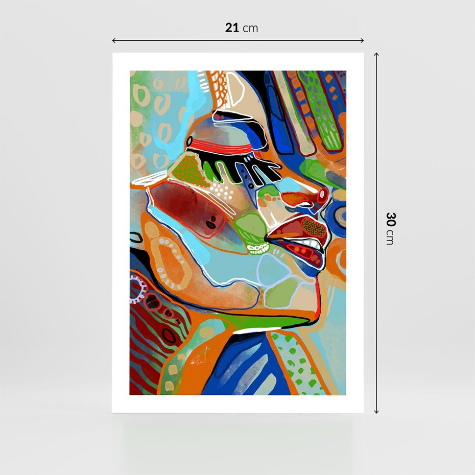 Plakat bez ramy 21x30 - Kolorowe Wnętrza Kształtów - abstrakcyjny portret kobiety, twarz