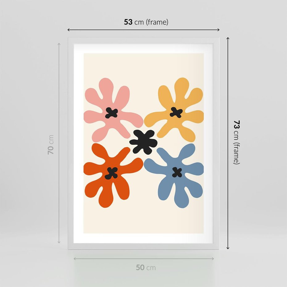 Plakat w ramie 50x70 - Taniec Akwareli - abstrakcyjne wielokolorowe kwiaty, minimalizm - rama biała