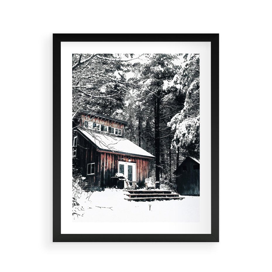 Plakat w ramie 40x50 - Zimowy Urok Drewnianego Domku - zima, drewniany domek - rama czarna