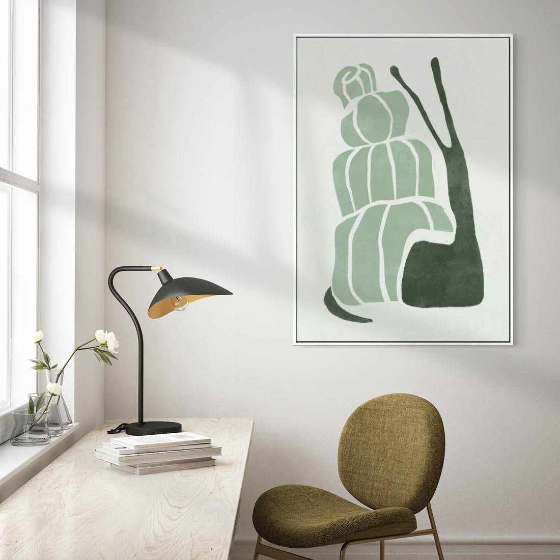 Obraz w ramie 80x120 - Zielona Równowaga - abstrakcyjny zielony ślimak, skandynawski design - rama biała