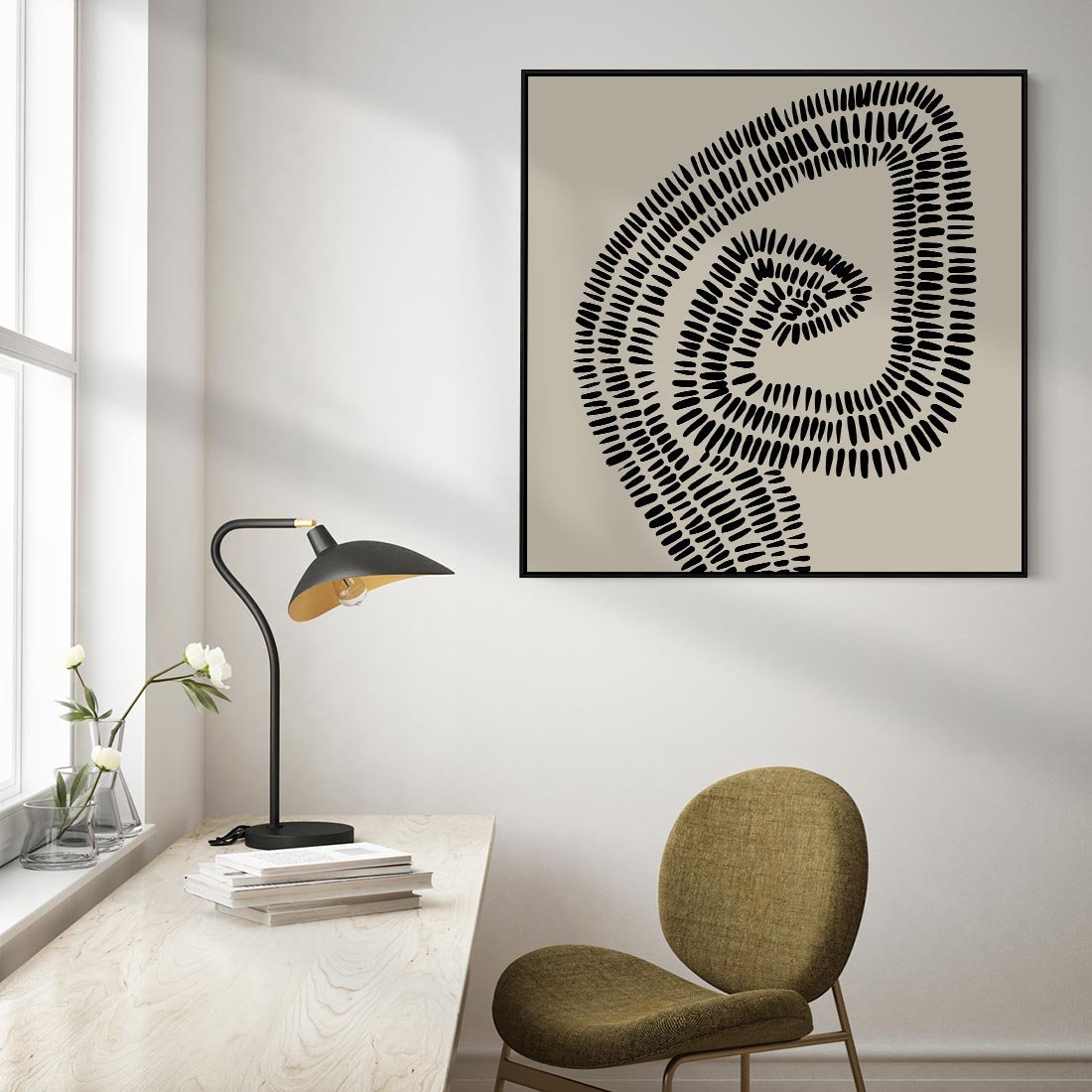 Obraz w ramie 50x50 - Nowoczesne Spektrum Wyobraźni - boho plakat, czarne kropki kreski - rama czarna