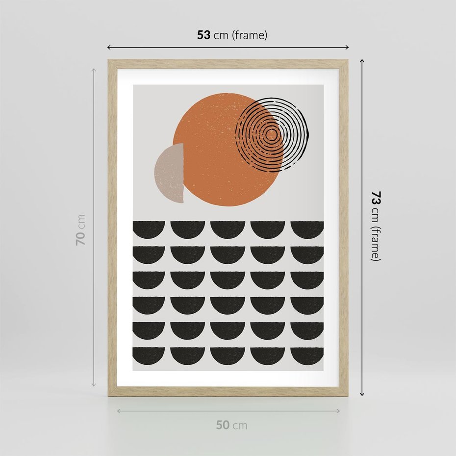 Plakat w ramie 50x70 - Geometryczna Ekspresja - geometryczny graficzny obraz, pomarańczowe koło - rama drewno