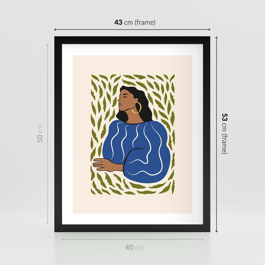 Plakat w ramie 40x50 - Rozbite Barwy - nowoczesny plakat, kobieta otoczona liśćmi - rama czarna