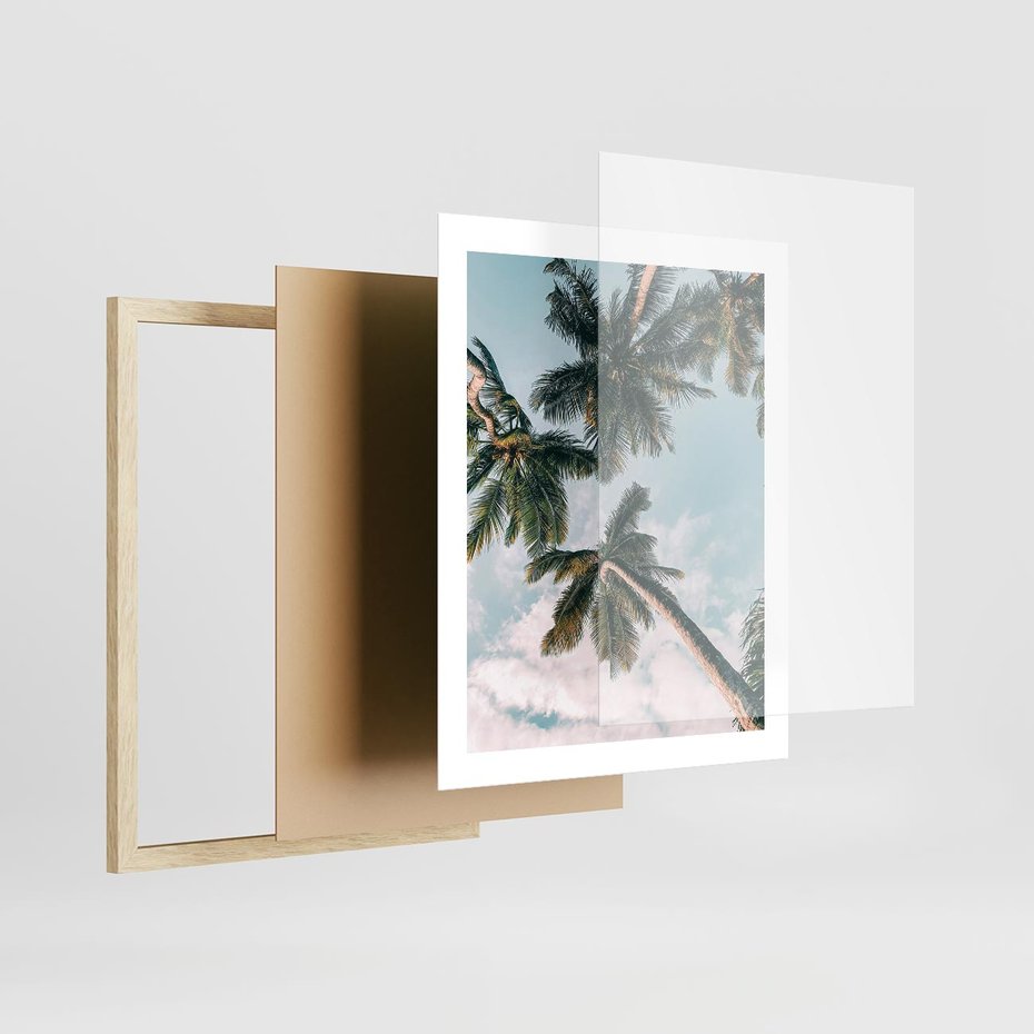 Plakat w ramie 40x50 - Wzrok ku Niebu - palmy na tle nieba, ujęcie z dołu - rama drewno