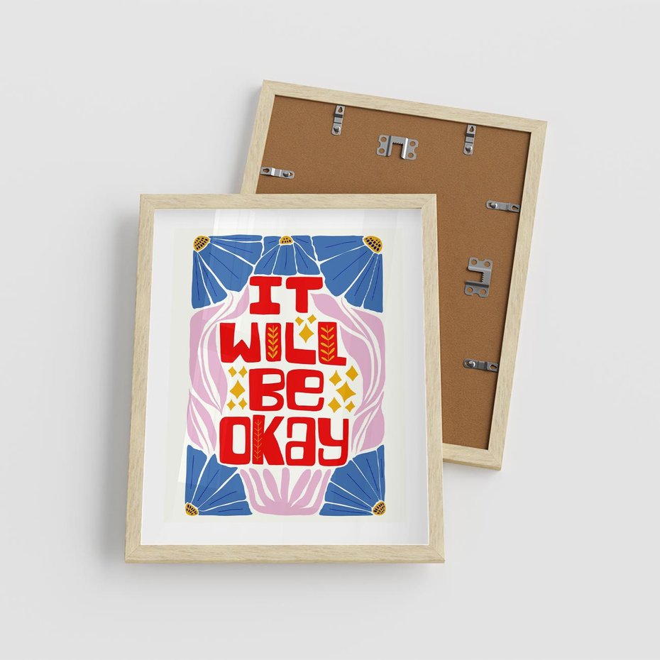 Plakat w ramie 40x50 - Kwiatowa Ekstaza - czerwona pozytywna typografia, kwiatowa kompozycja - rama drewno