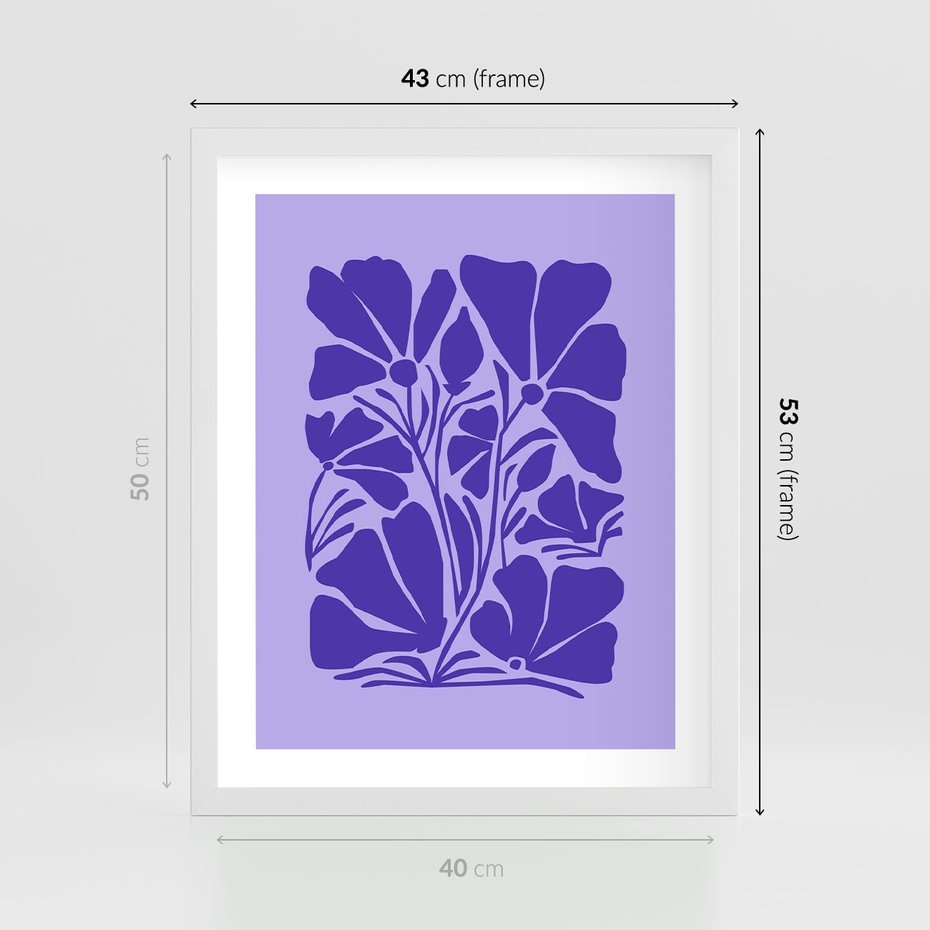 Plakat w ramie 40x50 - Migocące Boho Wibracje - kwiaty, energetyczne fioletowe tło - rama biała