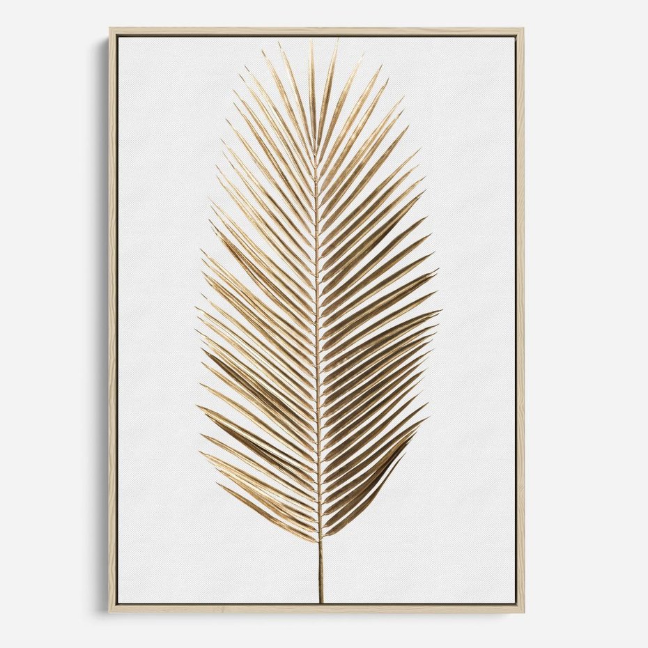 Obraz w ramie 50x70 - Złoty blask palmowego liścia - złota, palma - rama drewno