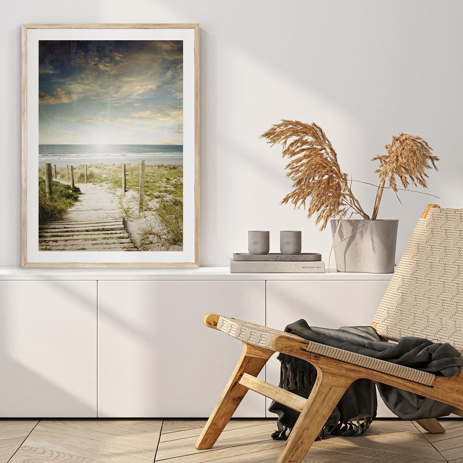 Plakat w ramie 30x40 - Błękitne morze na pomostach - morze, pomost - rama drewno