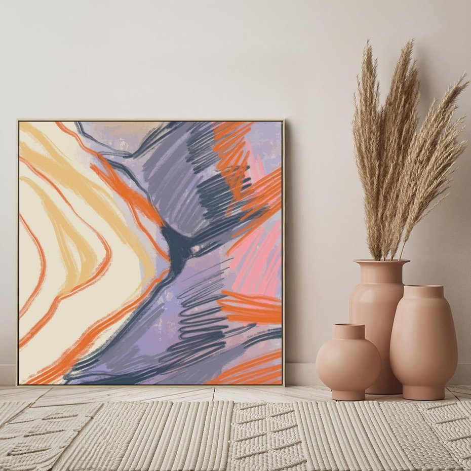 Obraz w ramie 80x80 - Pokreślony Świat - abstrakcyjne formy, odcienie pomarańczu i fioletu - rama drewno