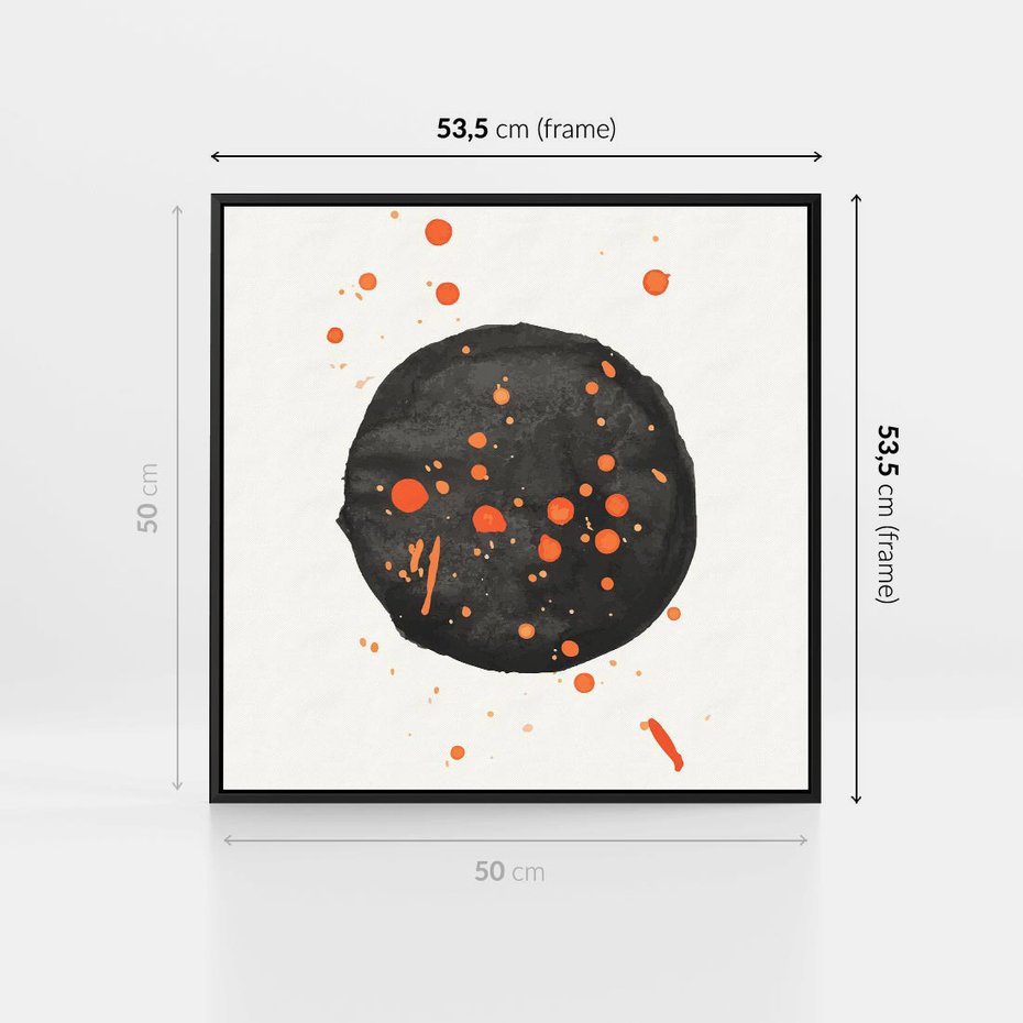 Obraz w ramie 50x50 - Impulsy Kreatywności - abstrakcyjna czarna plama, rozsiane pomarańczowe kropki - rama czarna