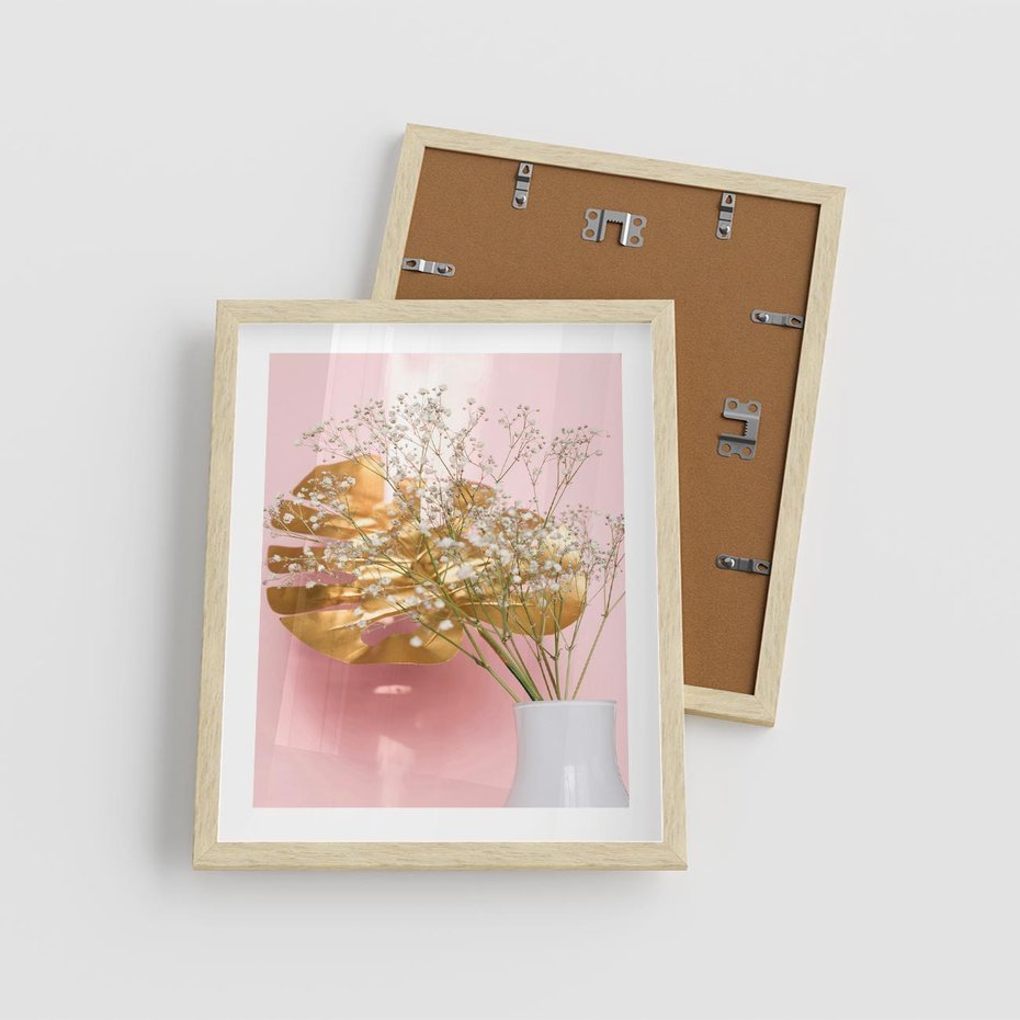 Plakat w ramie 40x50 - Złoty Akcent - złoty liść montery, gipsówka - rama drewno