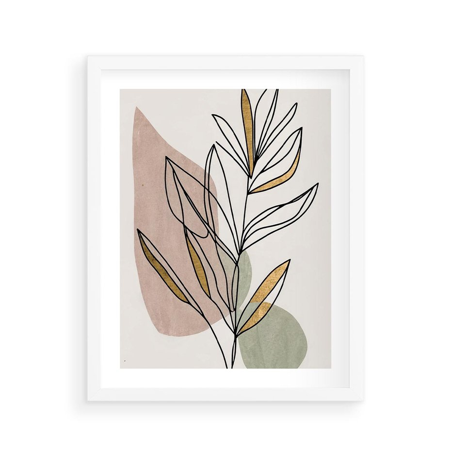 Plakat w ramie 40x50 - Impulsy Subtelnej Harmonii - abstrakcyjny obraz boho, liście - rama biała