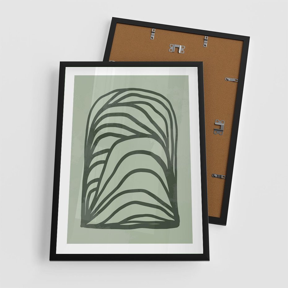 Plakat w ramie 50x70 - Zielonkawy Uścisk Natury - abstrakcyjny zielony motyw, skandynawski design - rama czarna