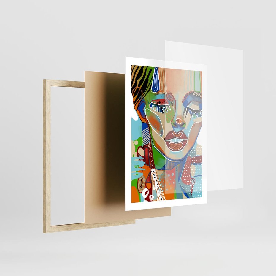 Plakat w ramie 50x70 - Kolorowe Formy - abstrakcyjny portret kobiety, twarz - rama drewno