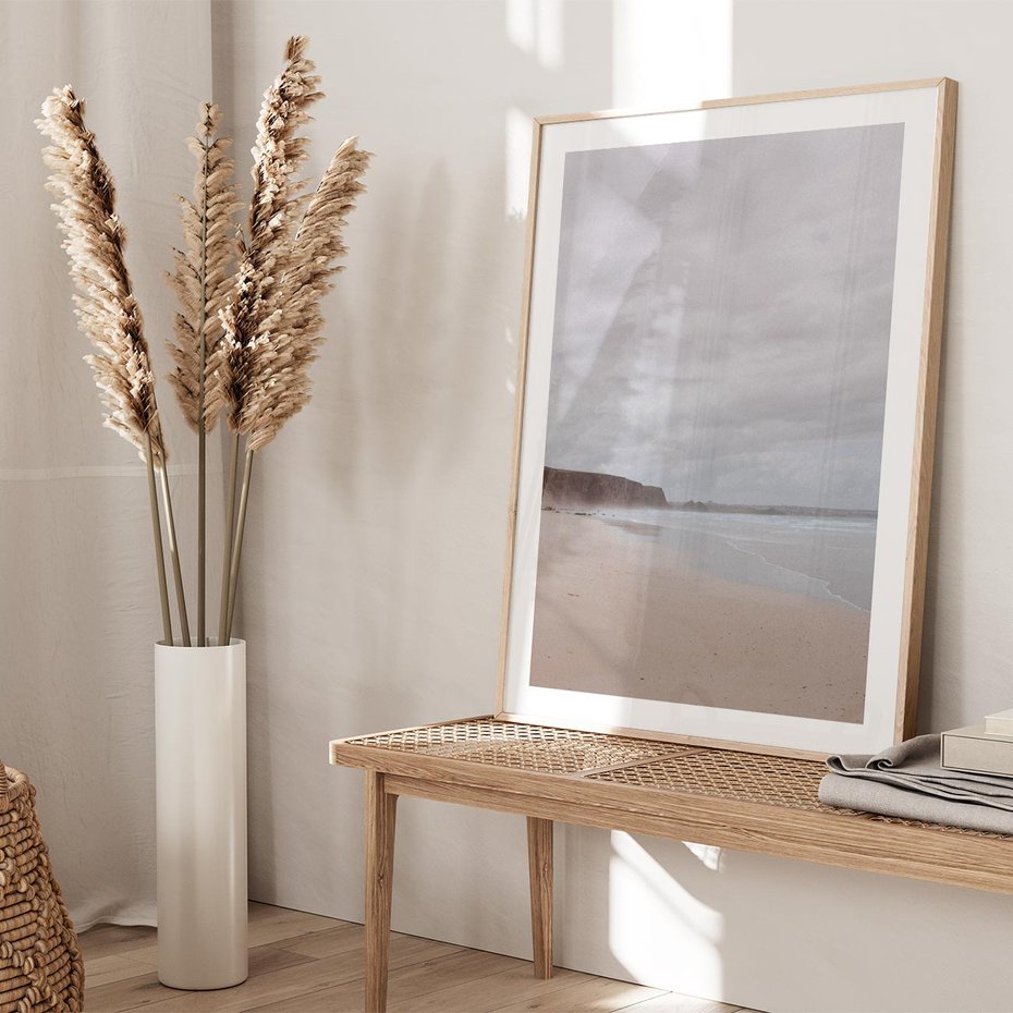 Plakat w ramie 30x40 - Mglista plaża - plaża, mgła - rama drewno