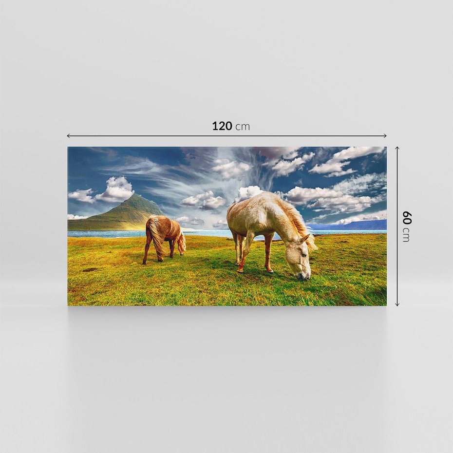 Obraz na płótnie 120x60 - Konie na łące przy jeziorze: Siła natury - konie, łąka