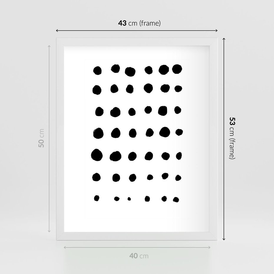 Plakat w ramie 40x50 - Refleksje Światła - minimalistyczna kompozycja, czarne kropkina białym tle - rama biała