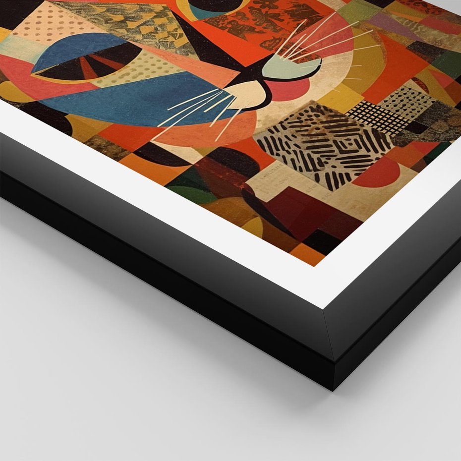 Plakat w ramie 50x70 - Impresje Nieznanych Odniesień - abstrakcyjny obraz olejny, kot - rama czarna