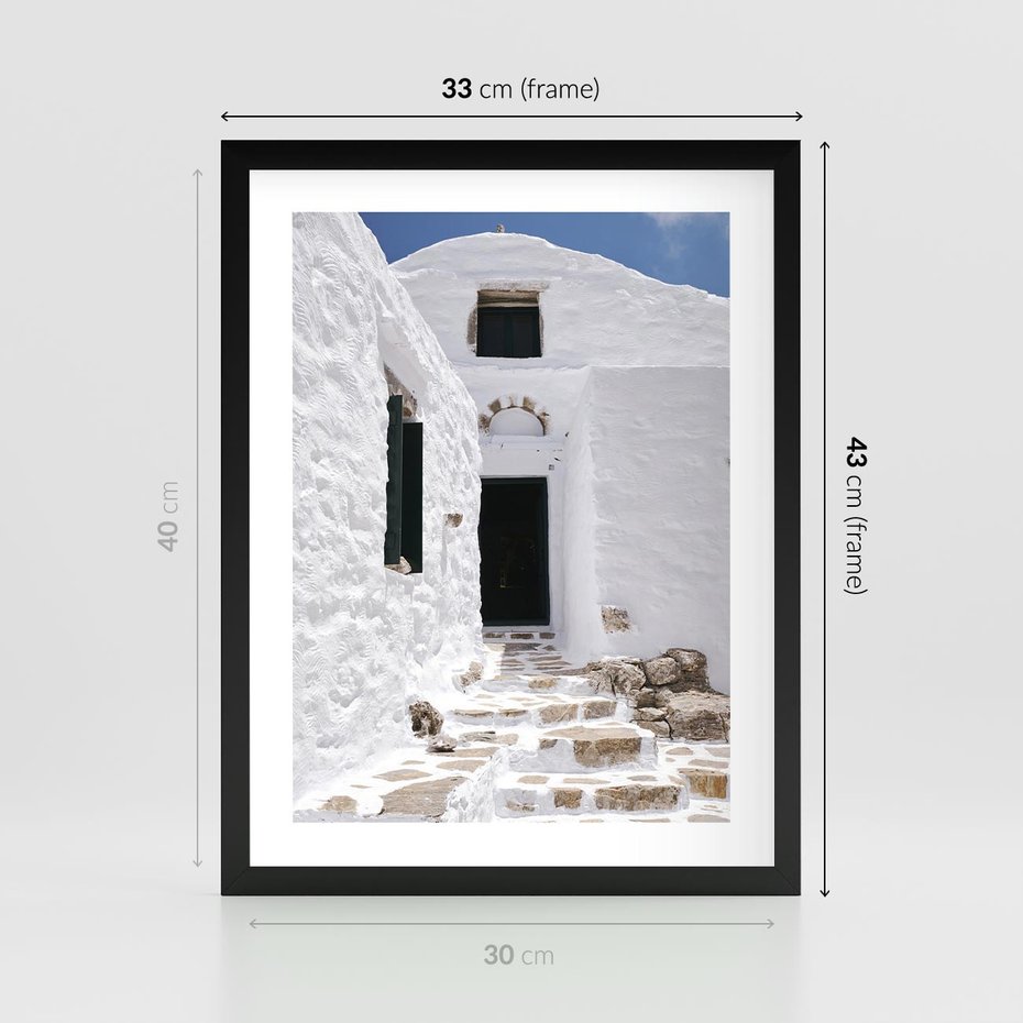 Plakat w ramie 30x40 - Santorini - Grecja błękitem malowana - Santorini, Grecja - rama czarna