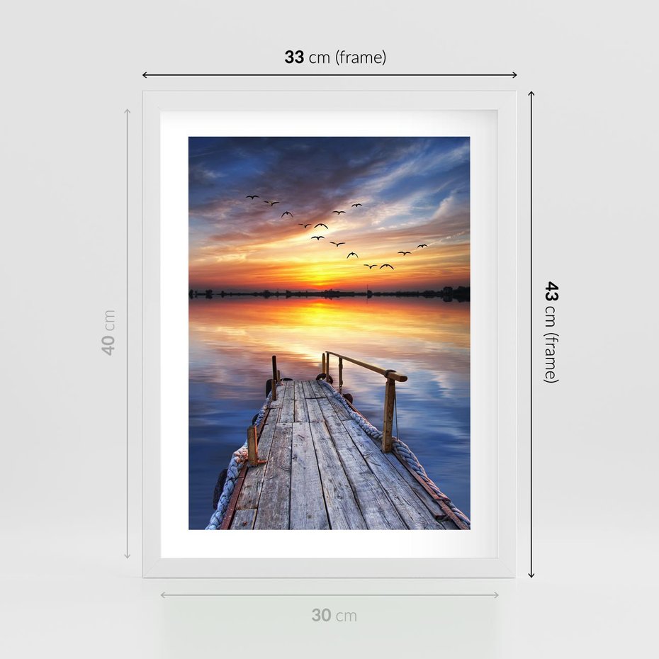 Plakat w ramie 30x40 - Zachód słońca na pomostcie - pomost, zachód - rama biała