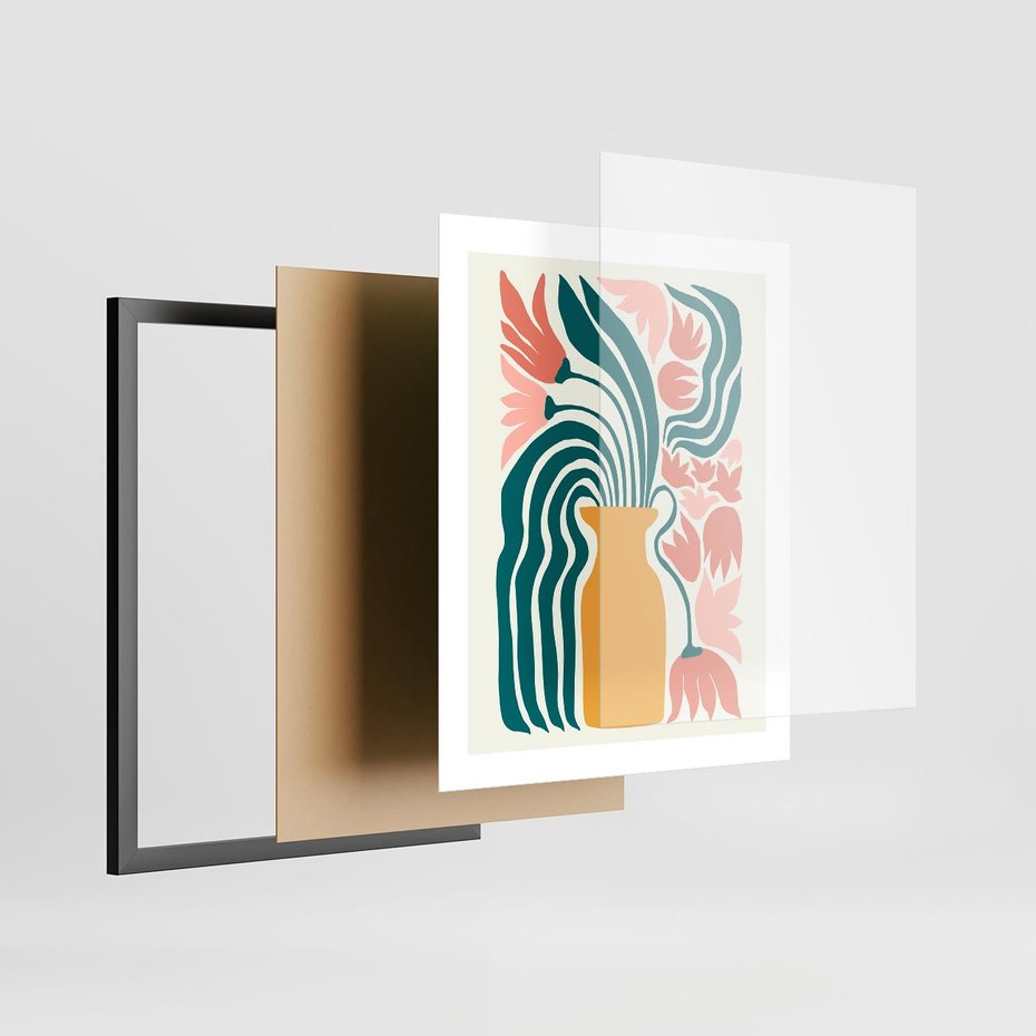 Plakat w ramie 40x50 - Kolorowe Pasmo - abstrakcyjne kwiaty w wazonie, pdastelowe kolory - rama czarna
