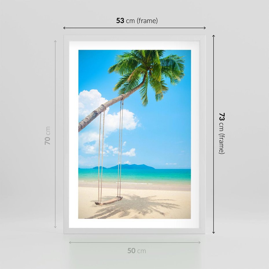 Plakat w ramie 50x70 - Hawajska palma i huśtawka na plaży - palma, huśtawka - rama biała